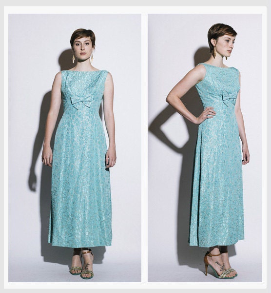 Vintage 1960s Robins Egg Metallic Bow Maxi Party Dress