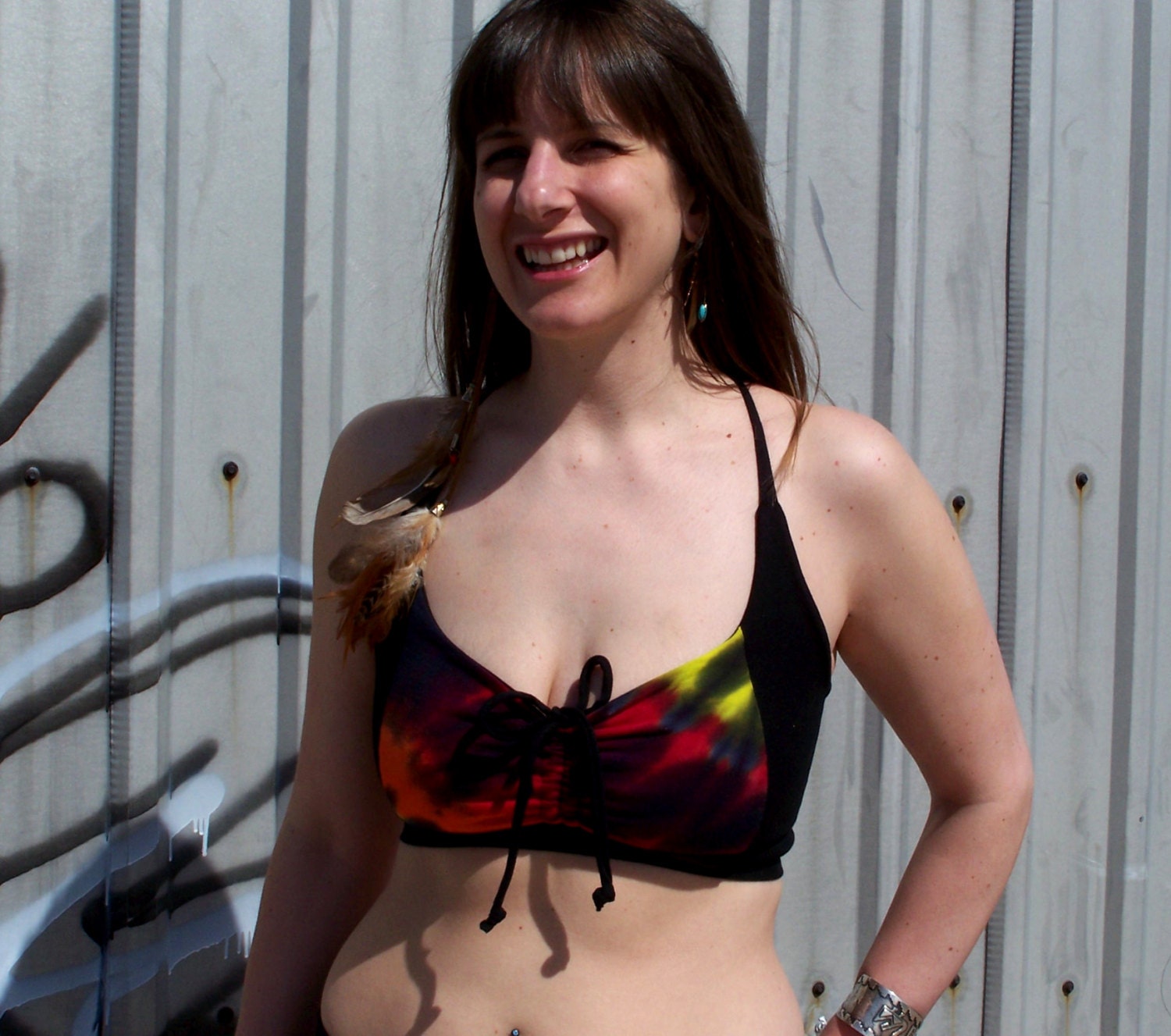 No Bra Required Black Lace Up the Back and Tie Dye Succula Shirt