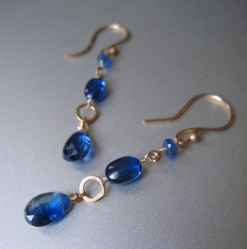 Kyanite Three Stone and Hammered Link Solid 14k Gold Earrings