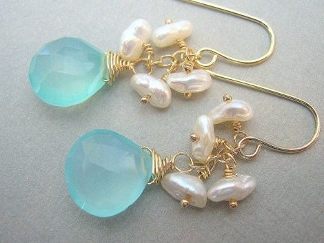 Aqua Chalcedony and Keshi Pearl Dangle Earrings, Bridesmaids Jewelry, Bridal Jewelry
