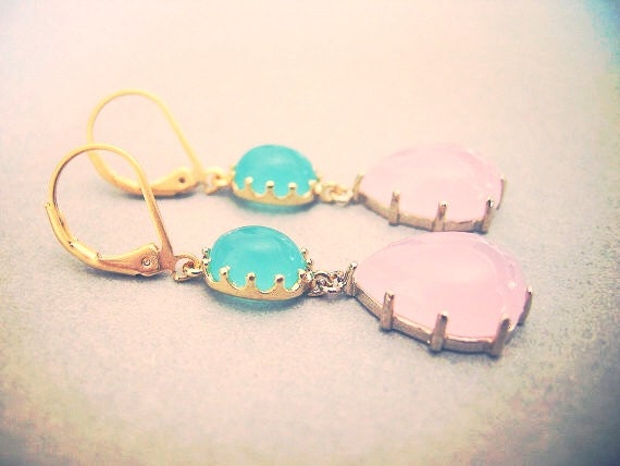 Pink and Green Earrings, Pasterl Earrings, Wedding jewerlry