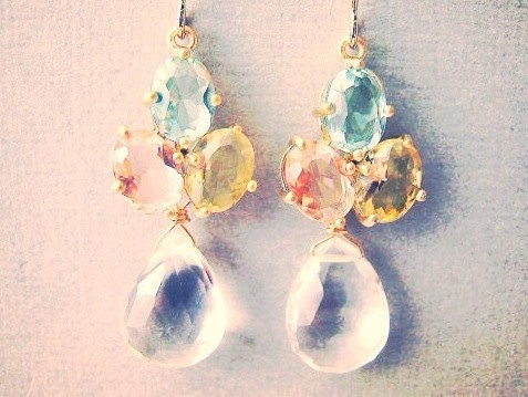 Pastel, Green, Yellow, Pink Glass and Clear Quartz Earrings, Wedding Jewelry