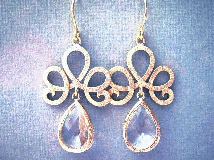 Tiara Clear Glass Earrings, Large Gold Earrings, Chandelier Earrings, Bridal Jewelry, Wedding Jewelry