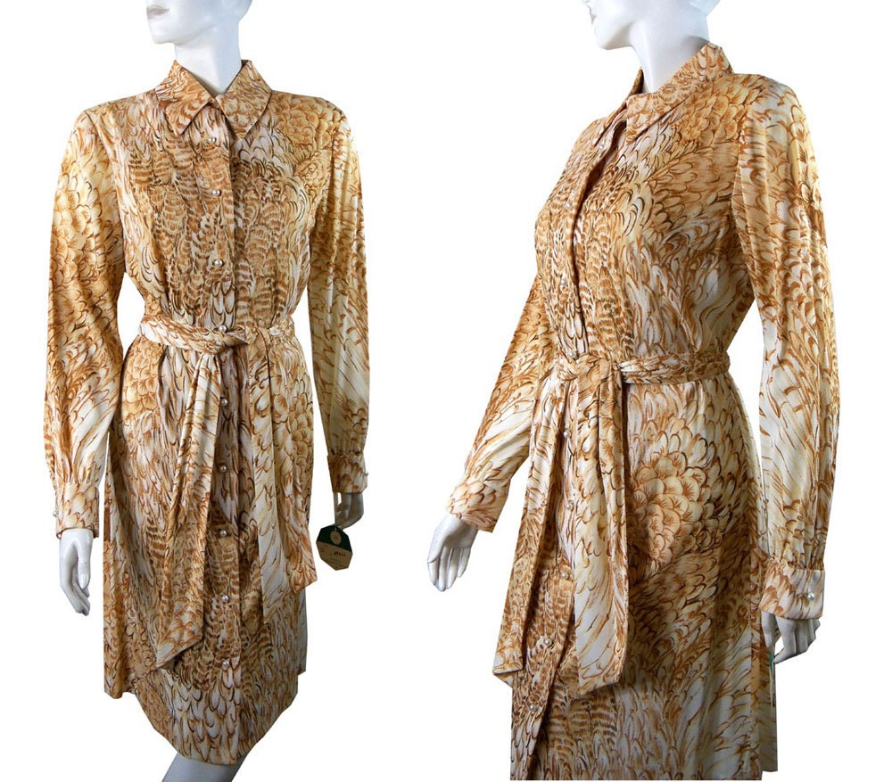 Vintage 1970s Brown Tones Feather Graphic Print  Party Dress Size 16 By R&K Originals Never Worn