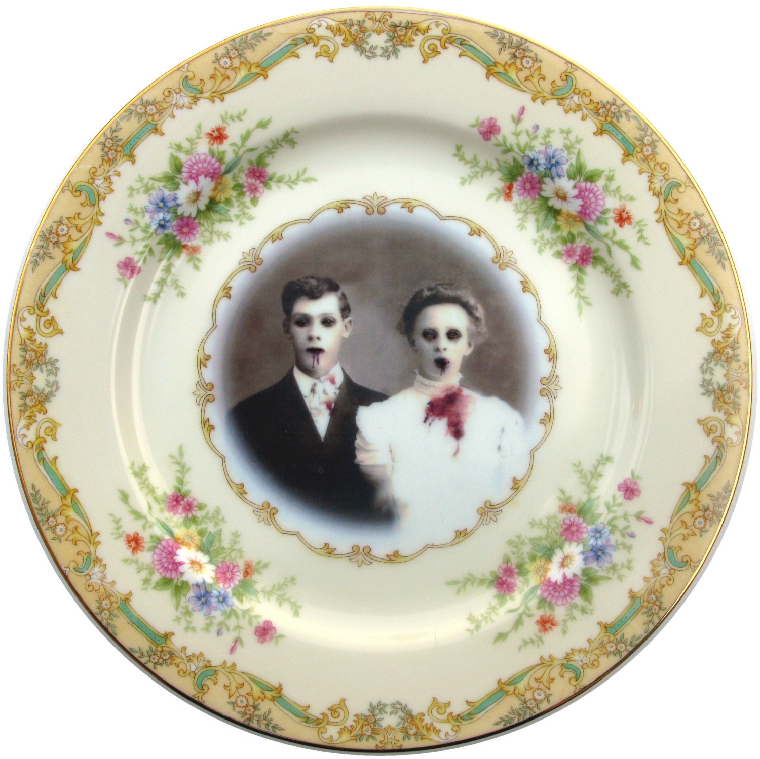 SALE - Zombie Love, Wedding Portrait - Altered Vintage Plate
