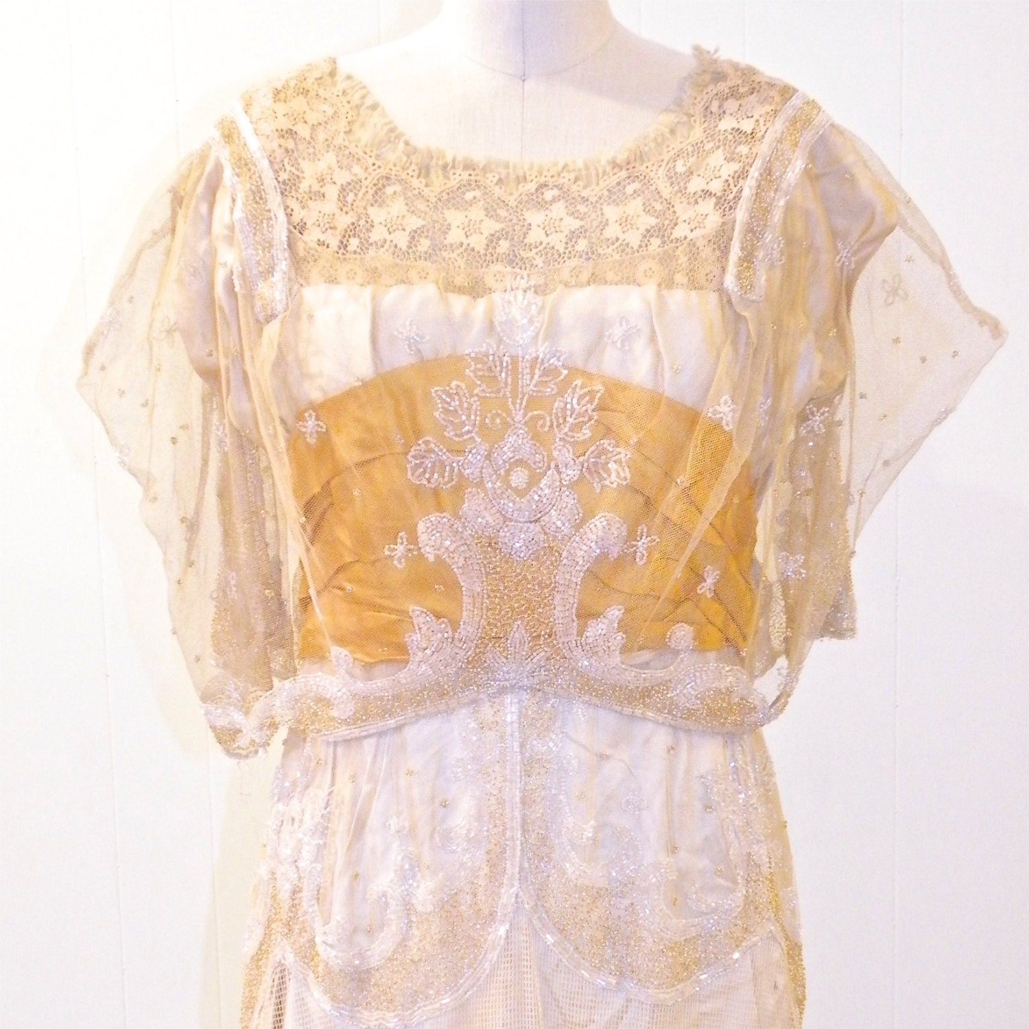 Downton Abbey Dress, Edwardian Gown, Antique Beaded Silk & Lace Wedding Dress with Gold Bullion Appliqué, Titanic