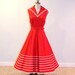 50s Sailor Dress, 1950s Dress, Nautical Red & White Stripe Cotton Sun Dress, Full Skirted Vintage Dress w Belt, Sailorette, Kerrybrooke