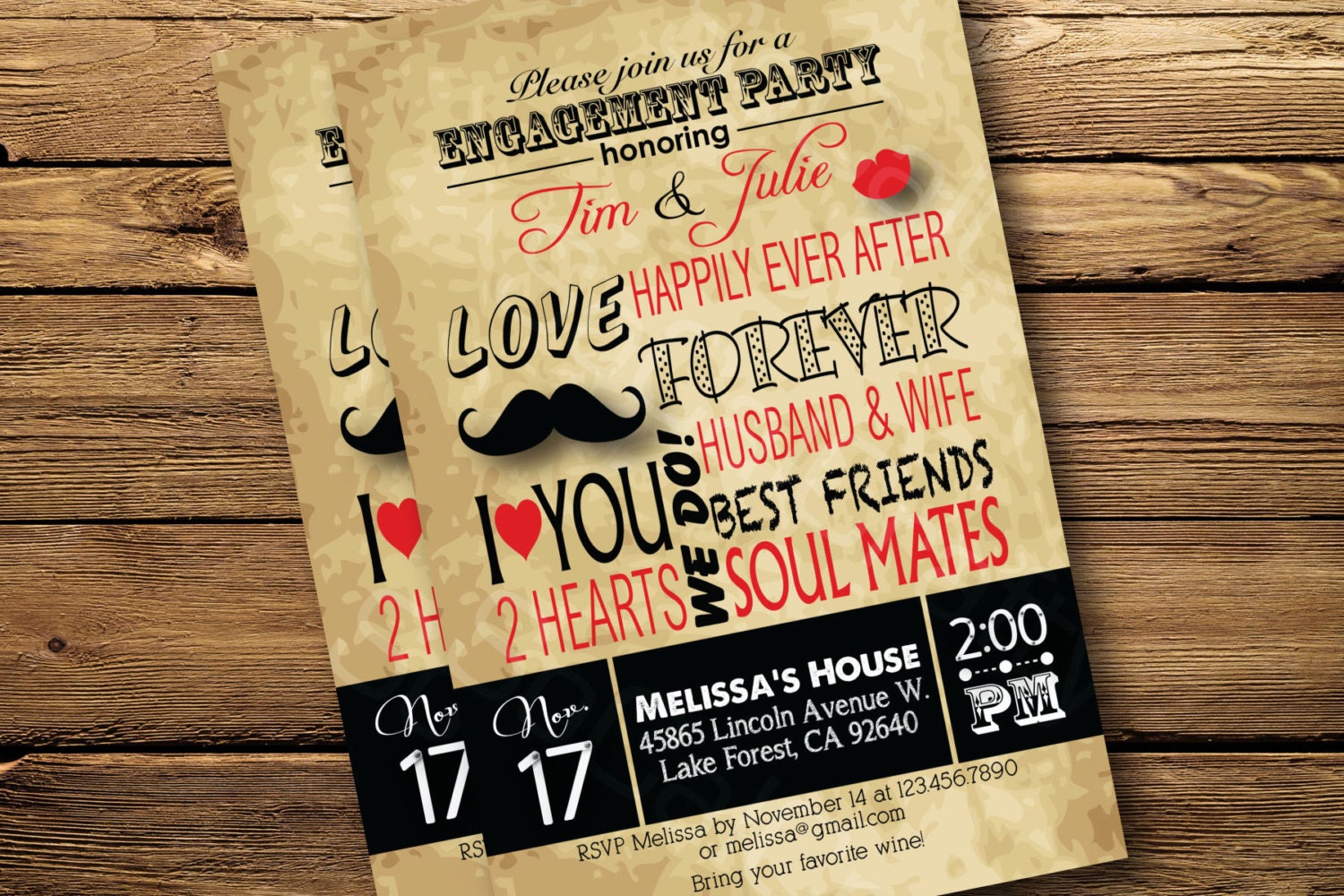 Vintage Mustache Lips Typography Theme- Engagement Party Invitation, Digital or Printed