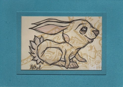 Hops - Original Mini Ink & Watercolor Rabbit Drawing on Scrapbook Paper