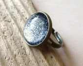 Black & Silver Cocktail Ring, Glitter Glass Cabochon Ring, Round Brass Ring, Statement Ring, Small, Galaxy