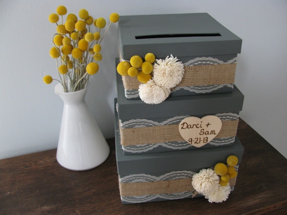 Rustic Victorian Wedding Card Box 3 tiered Charcoal Gray Burlap and Lace Yellow Billy Button Wood Sola Flowers Personalized Tag