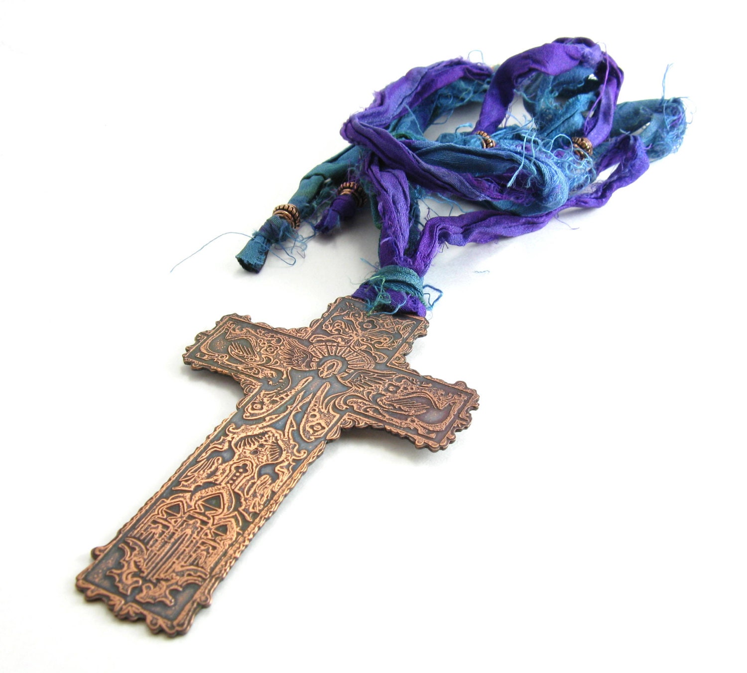 Copper Etched Cross Pendant Necklace Sari Silk Peacock Necklace Adjustable Teal Purple Green