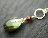 Fire Labradorite Garnet Sterling Silver Necklace - Gemstone, Pendant, Green, Mint, Pyrope Garnet, January - "Misty Mountains"