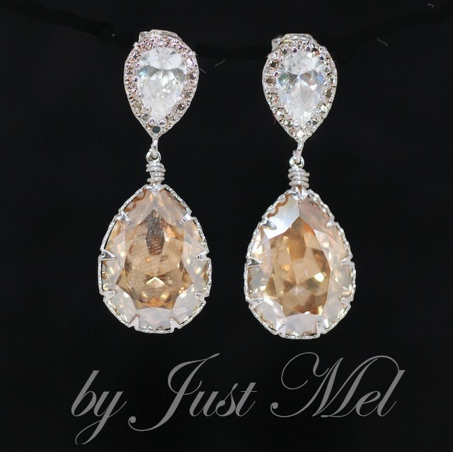Wedding Earrings, Bridesmaid Earrings, Bridal Jewelry - Cubic Zirconia Teardrop Earring with Swarovski Golden Shadow Teardrop Crystal (E523)