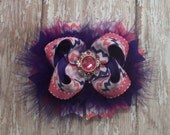 Purple and Hot Pink Chevron Bow Fluffy Stacked Boutique Bow with Rhinestone Center