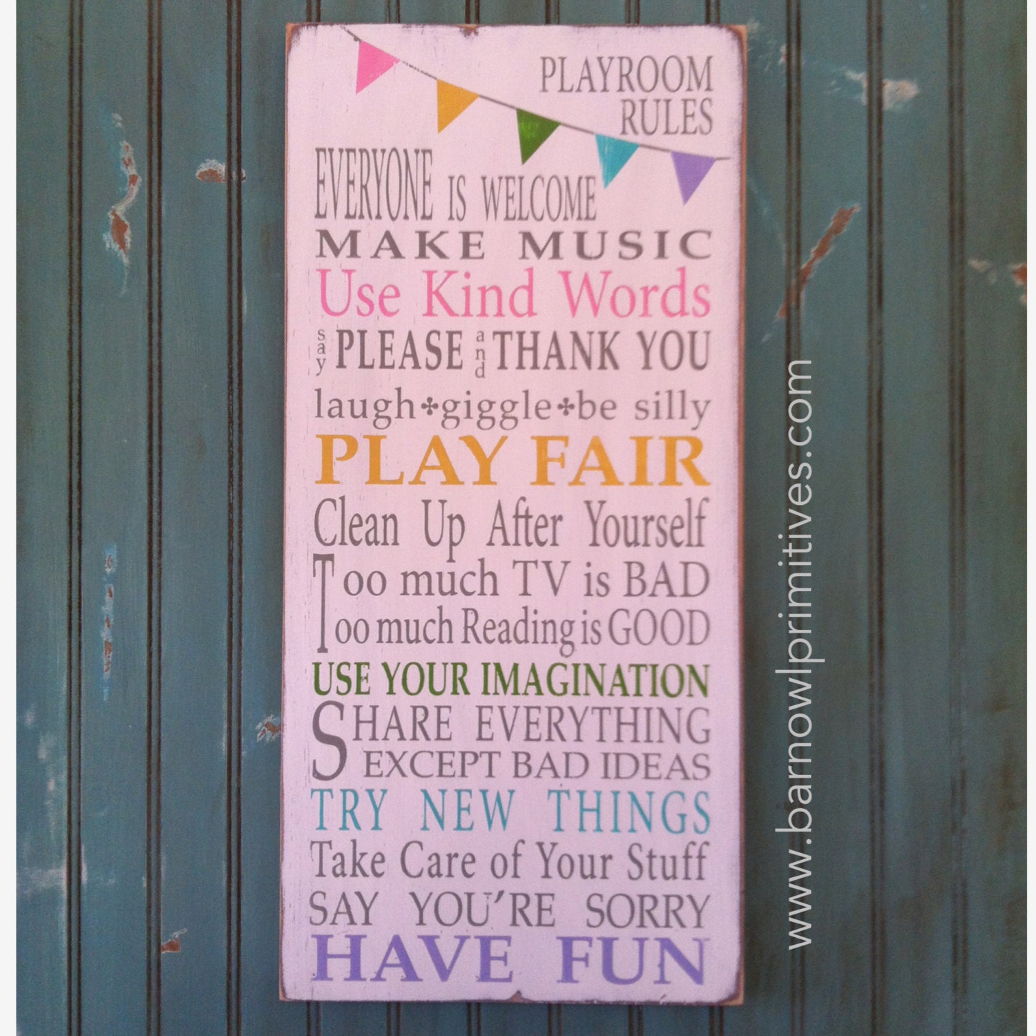 Playroom Rules Sign with Bunting - Typography Word Art in Pastels on Weather Worn White
