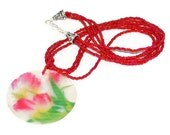 Multi Strand Beaded Necklace Stamped Capiz Shell Pendant