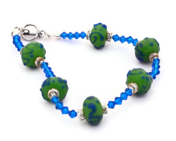 Lampwork Bracelet Green and Blue lampwork beads and blue swarovski crystals