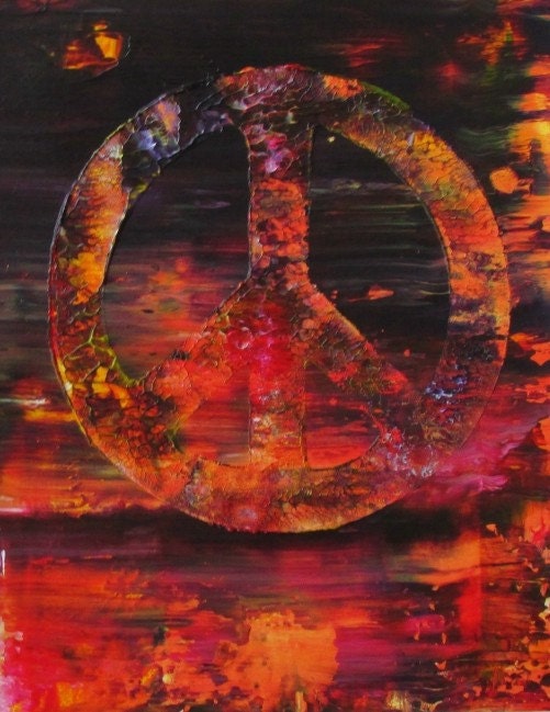Wall Art Original Abstract Peace Sign Acrylic Painting in White Mat