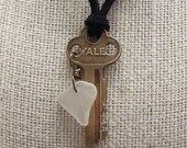 Vintage Yale Key White Sea Glass Necklace Leather Handmade