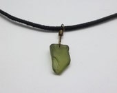 Green Sea Glass Necklace With Suede Leather Cord Handmade