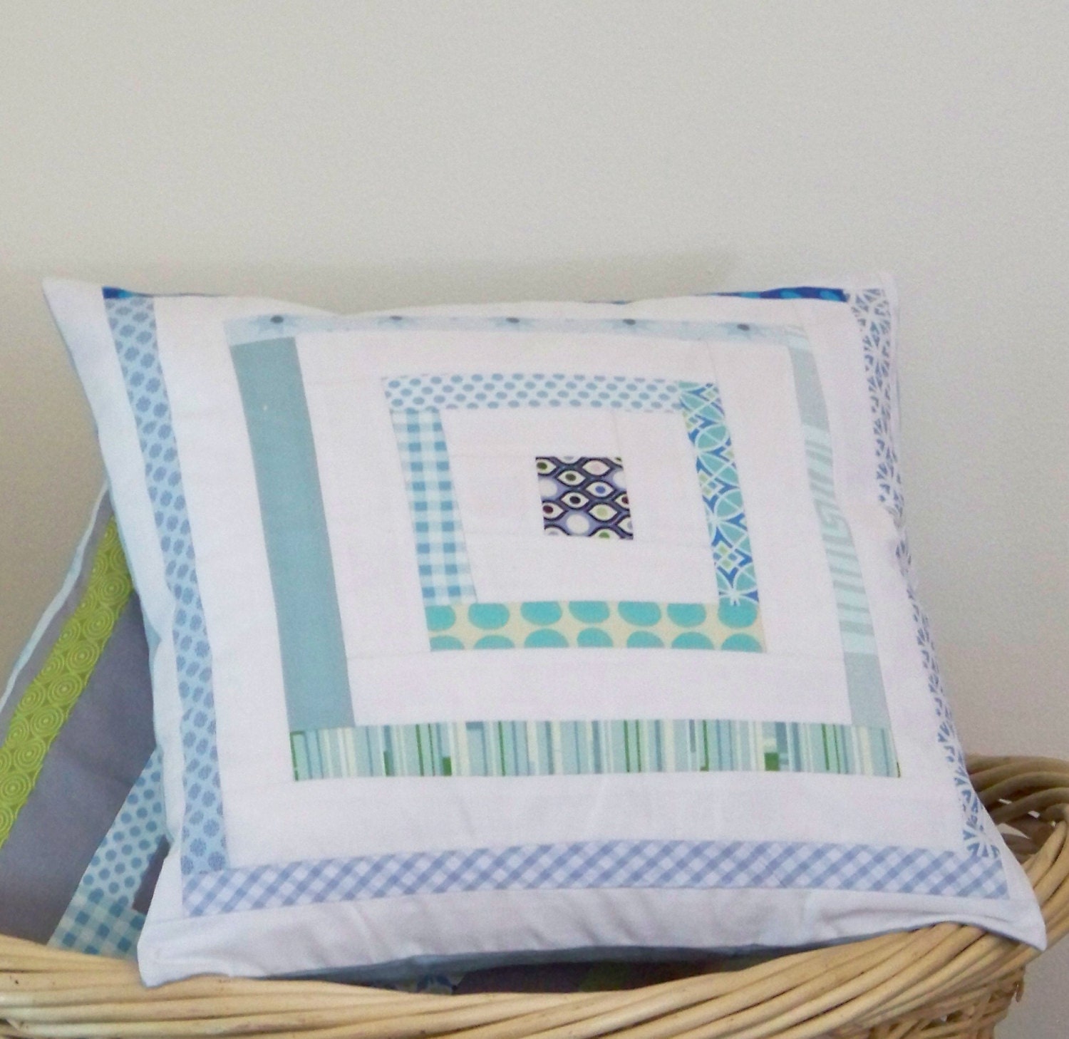 Log Cabin Modern Quilt Block Pillow in Blue and White