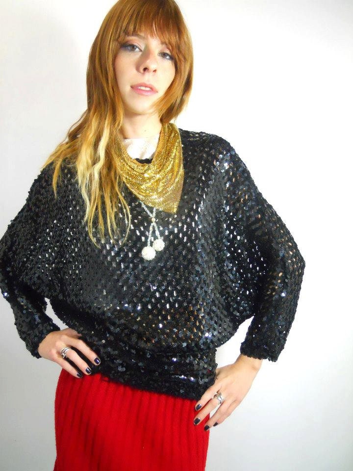 vintage 1980s Black Sequined Dolman Sleeved Mesh Sweater