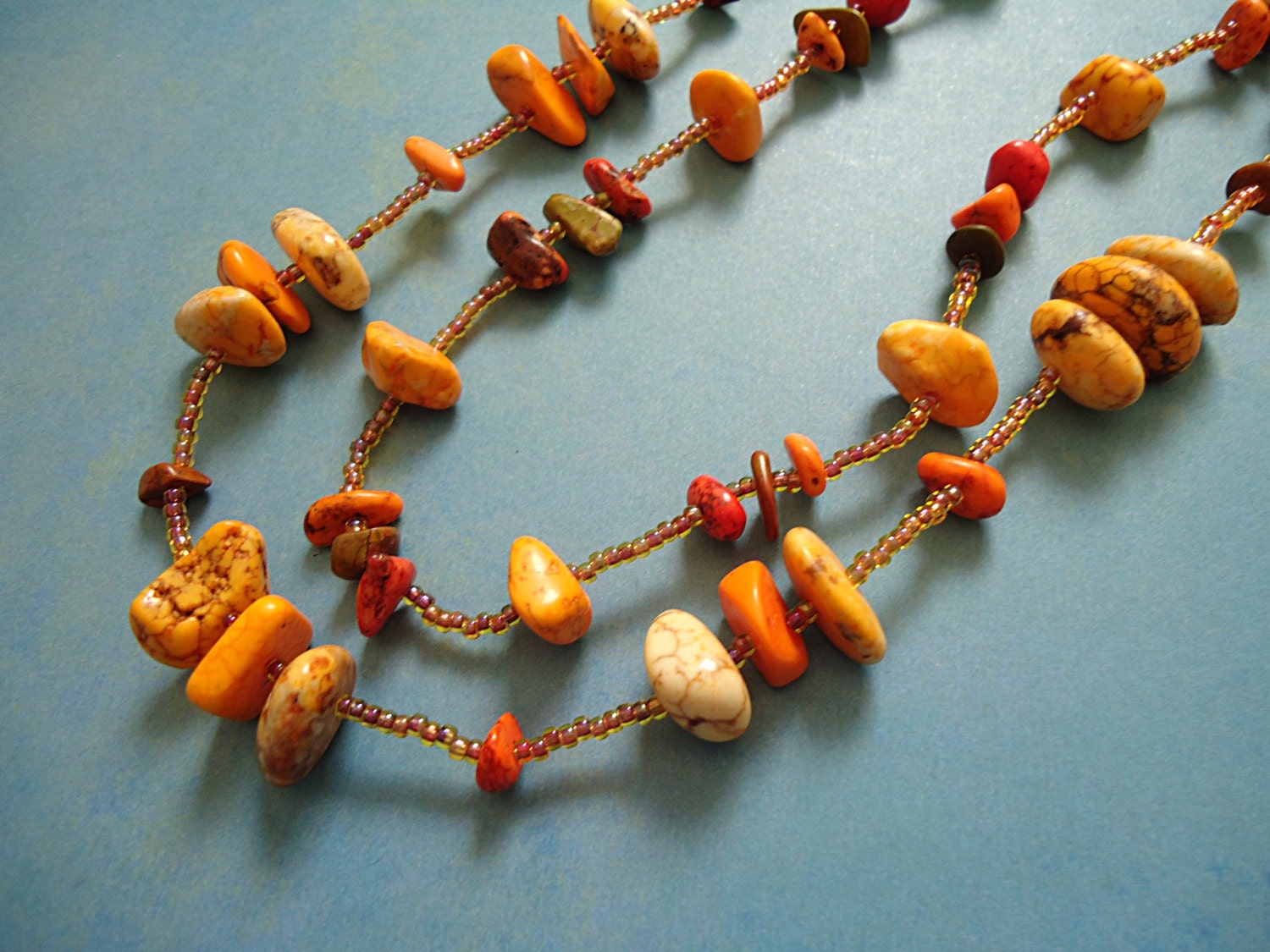 Yellow, Orange, Olive Green Magnesite Chip & Seed Bead Multi-Strand Necklace - Jewel Tone, Casual, Long