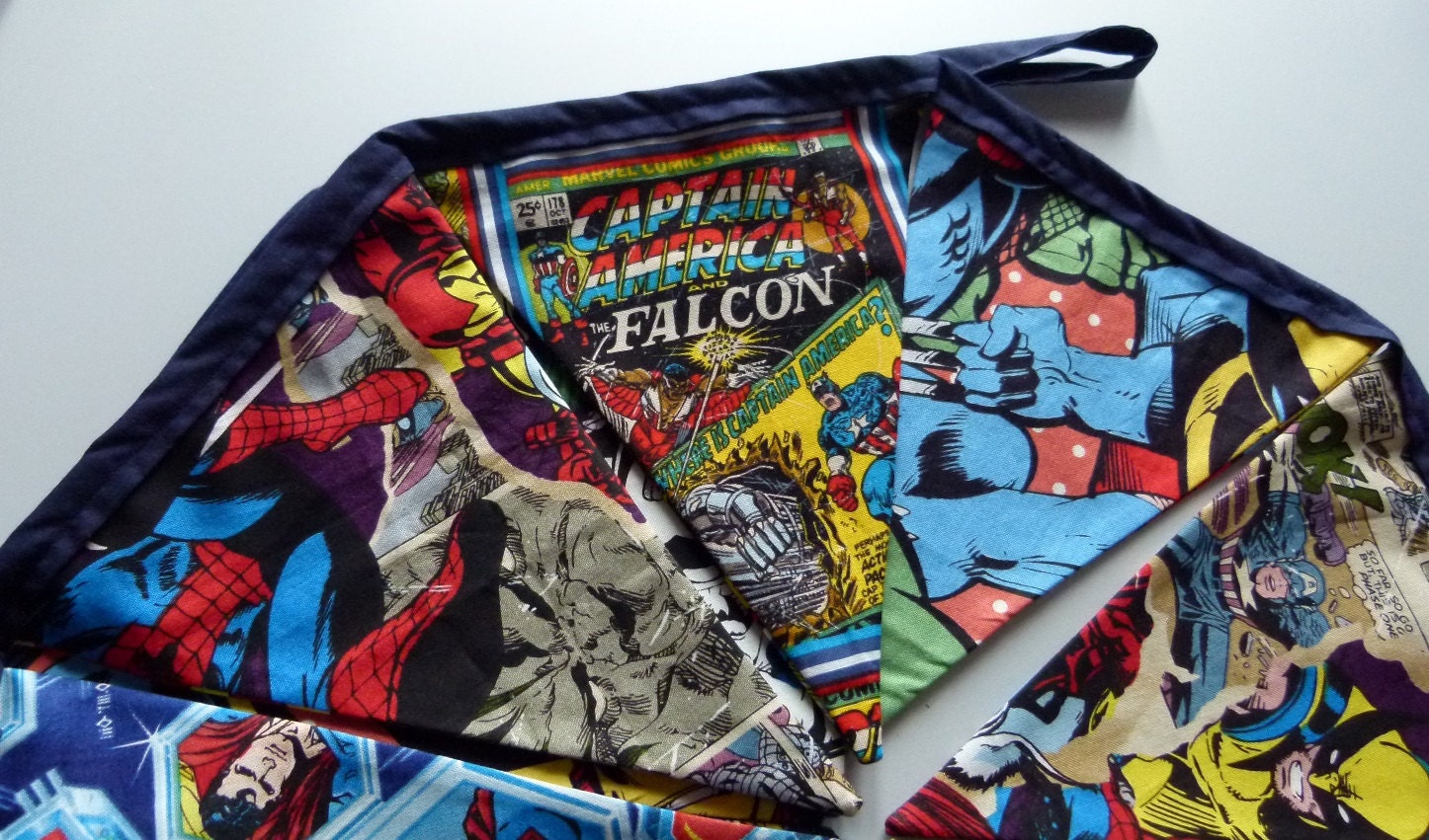Reusable Fabric Bunting / Flags / Pennants Superheros comic book captain america superman hulk spiderman blue