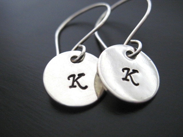 Sterling Silver Hand Stamped Initial Earrings, Artisan Earwires