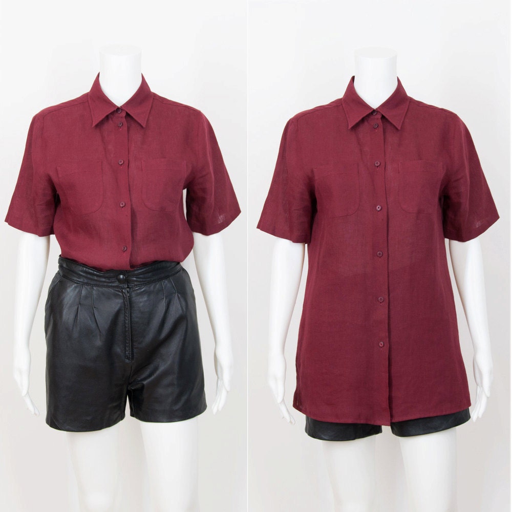 Oxblood Linen Oxford Button Up Blouse / Short Sleeves / M