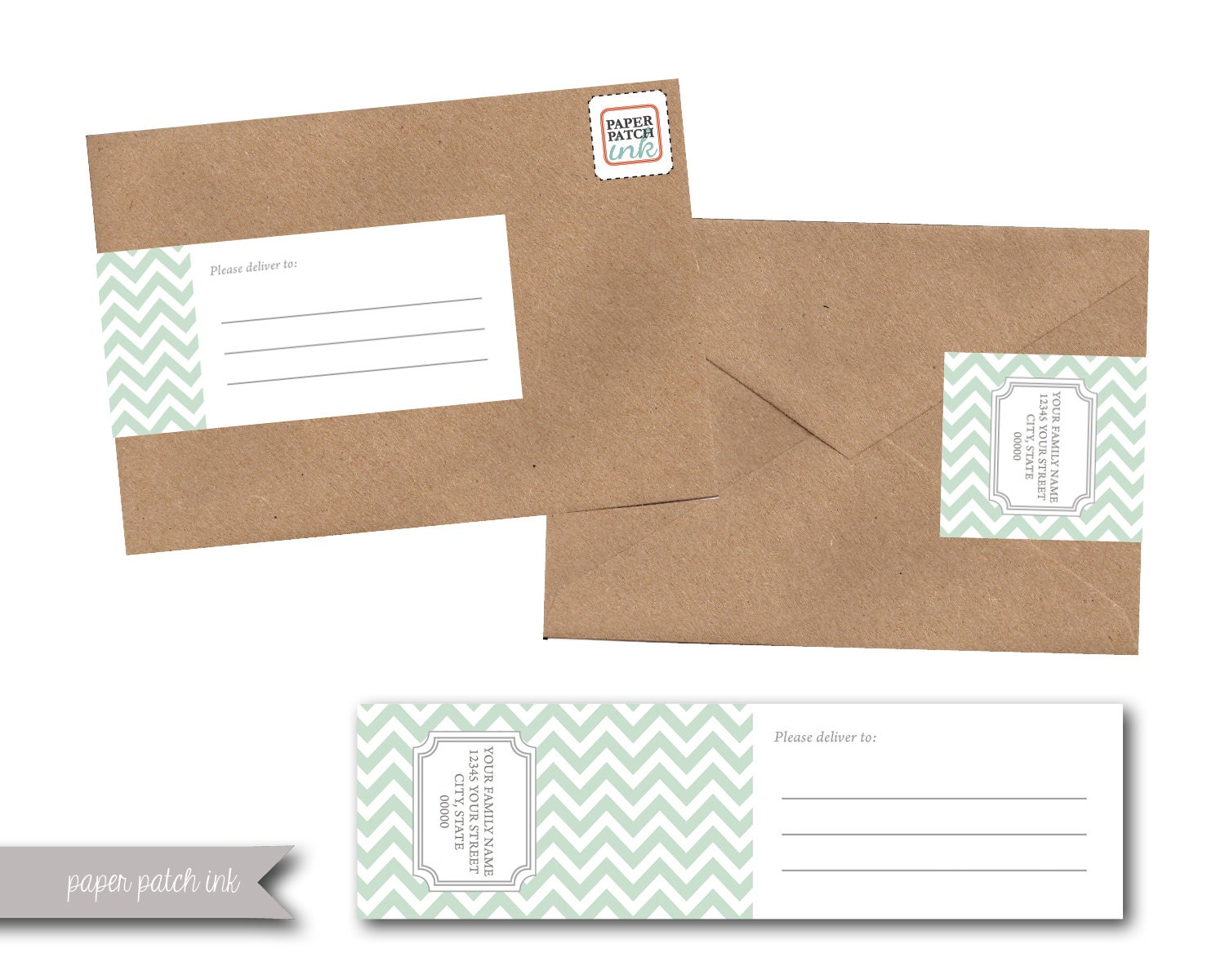Mint Green Chevron Wrap Around Address Label PDF Sheet  -  Printable - DIY