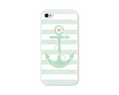 Striped Anchor Apple iPhone 5 Case - Plastic iPhone 5 Case - Nautical iPhone Case Skin - Mint Green Peach Pink White Cell Phone