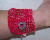 Cuff Bracelet, Crochet Bracelet, Red Pink Silver, Charm Bracelet, Live Love Laugh, Jewelry for Women and Teen Girls, Valentine's Day Jewelry