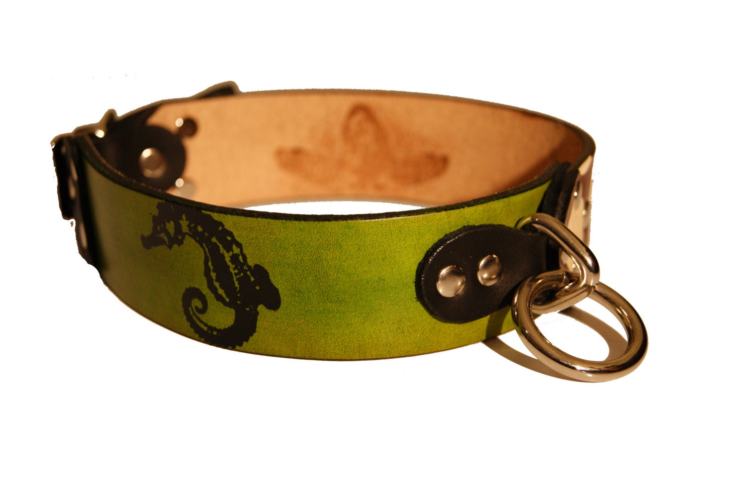 Leather Dog Collar Screen Print Seahorse and Polka Dot