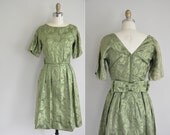s a l e...vintage 1950s dress / 50s green shimmer leaf dress / 1950s green satin cocktail dress