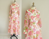 vintage 1970s dress / 70s Hydrangea floral print dress / 1970s Julie Miller chiffon gown