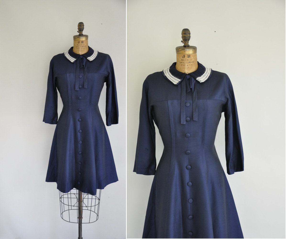 vintage 1950s dress / 50s navy blue full skirt dress / 1950s cashmere knit collar dress