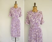 vintage 1950s dress / vintage 50s purple butterfly and floral print / 50s plus size dress