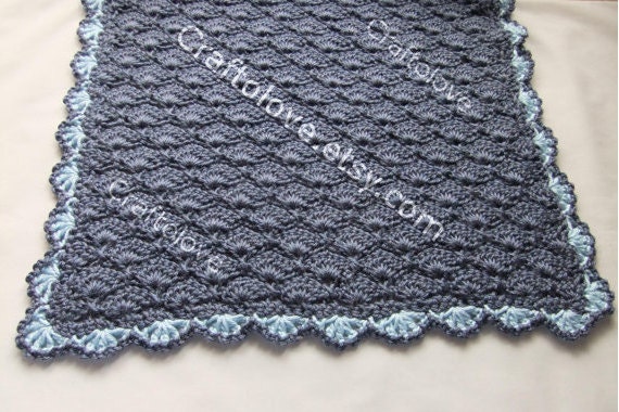 Baby Boy Blankets - Crochet Baby Boy Blankets - Denim Blue Panel Shells Stroller/Travel/Car seat blanket