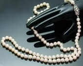 Long Pearl Necklace - Vintage beads antique rose cut diamond silver clasp - 32 inch long beaded necklace
