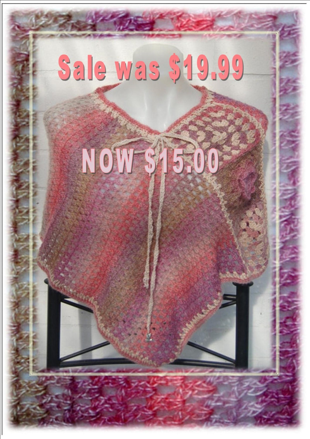 Hand crocheted poncho in shades of corals, lavenders, tans and cream, with granny square trim and drawstring tie
