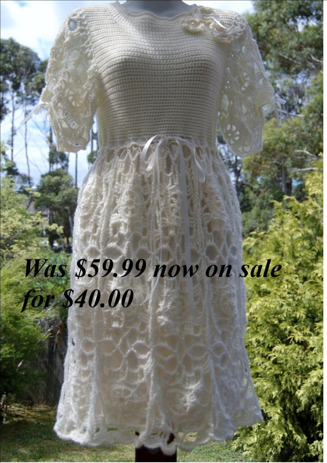 PRICE REDUCED-Off White Cream Hand Crocheted Lined Vintage Retro Dress with Pearl Buttons and Satin Ribbons