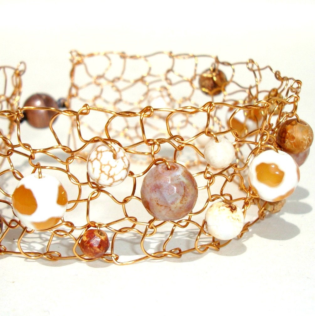 Safari White Turquoise Animal Print Agate Cuff Bracelet Giraffe Ivory Bronze Wire Knit OOAK Jewelry
