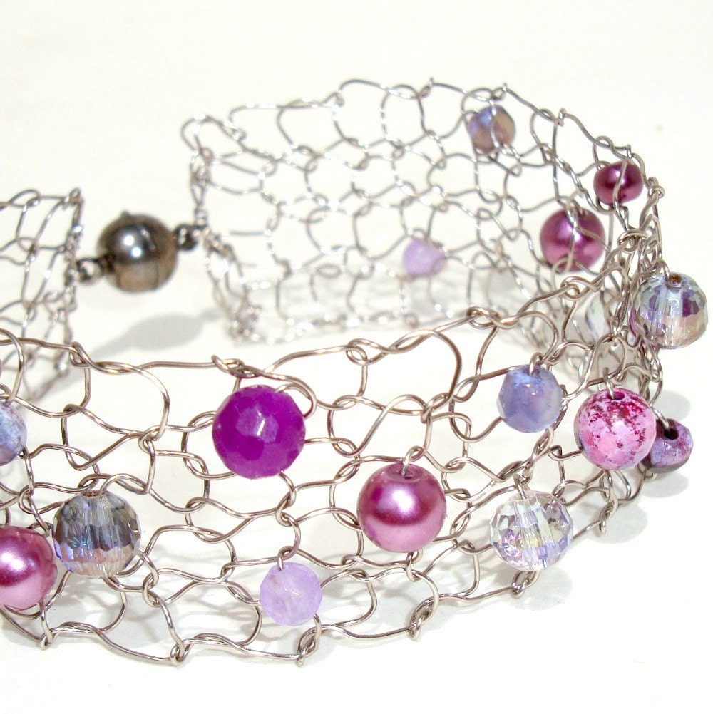 Wildflower Wedding Party Bracelet Beaded Steel Lace Mesh OOAK Magenta druzy geode agate jade Wild Berry Bridesmaid Gifts