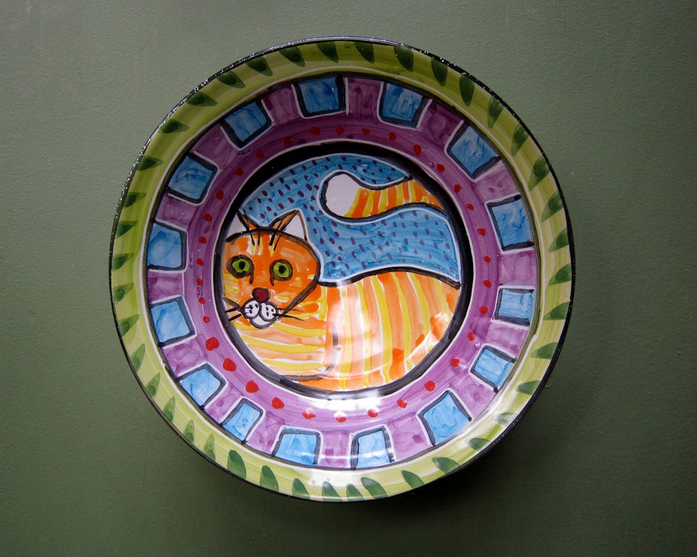 Orange Cat Ceramic Bowl Shallow Clay Pottery Wall Hanging Home Decor Majolica