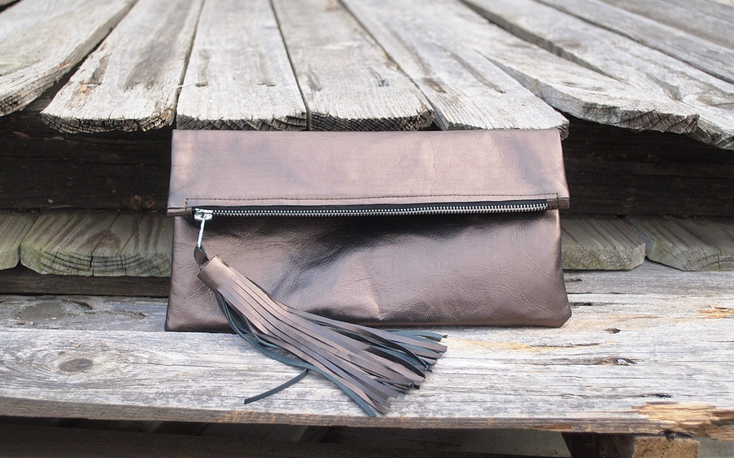 Metallic Pewter Tassel Clutch Genuine Leather Fold Over Clutch Womens Accessories - Metallic Smoked Pewter