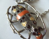 Beetle, bug, Orange, yellow and silver, brooch, necklace,art deco, by NewellsJewels on etsy