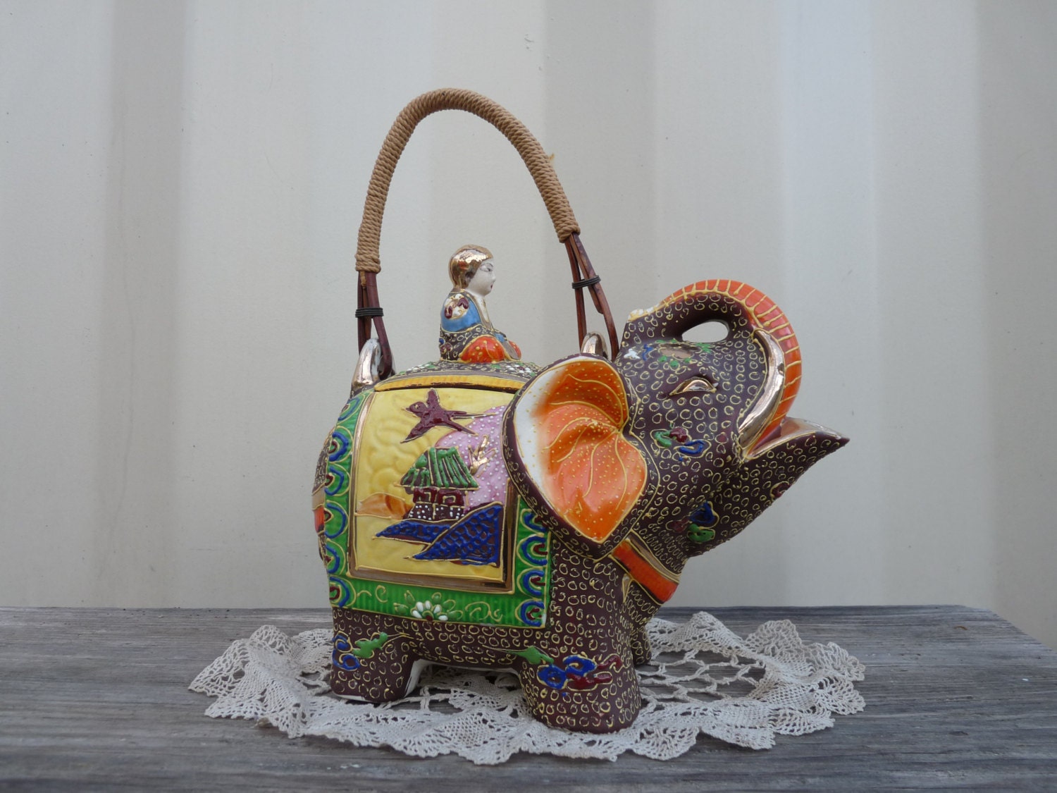 Elephant Teapot Vintage Japanese Satsuma Moriage Buddha