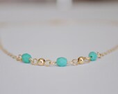 Turquoise Wish Necklace - blue green faceted glass beaded gold filled - simple dainty everyday jewelry